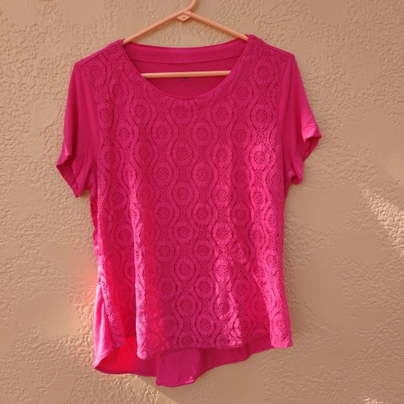 Pink Croft&Barrow Short Sleeves Blouse Medium Size Round Neck with Lace Front - Picture 4 of 13